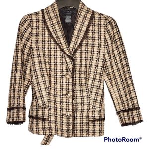 Laundry by Shelli Segal tweed belted waist blazer jacket tan brown cream size 10